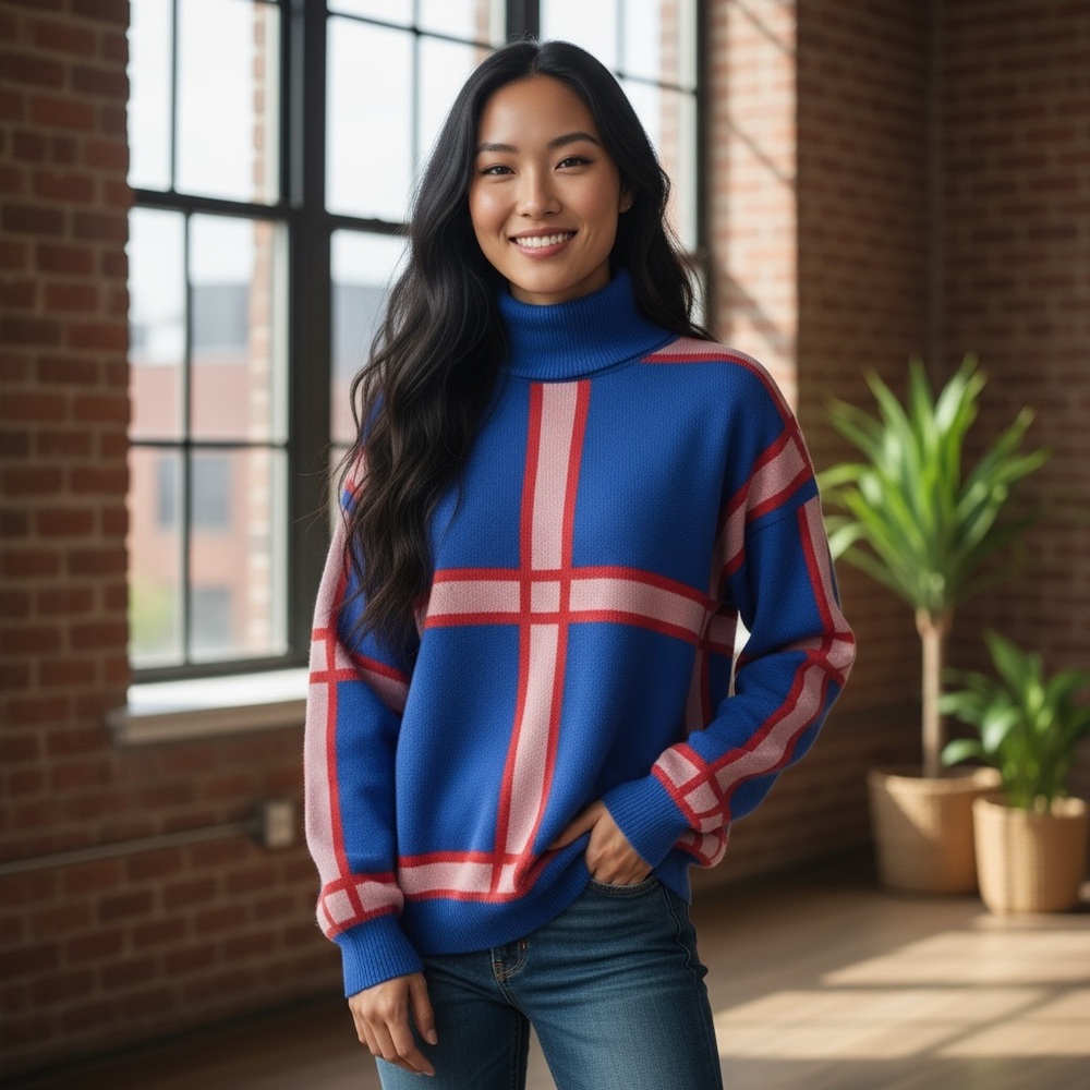 STAMINA Turtleneck Long Sleeve Sweater Bold Plaid Women’s Size S